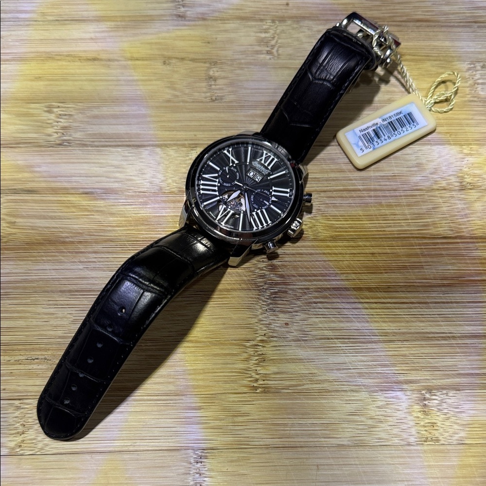Ingersoll Black Leather Watch with Silver Clasp